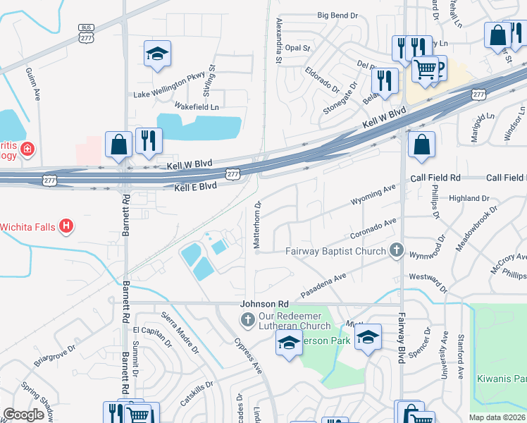 map of restaurants, bars, coffee shops, grocery stores, and more near 4820 Mount Everest Drive in Wichita Falls