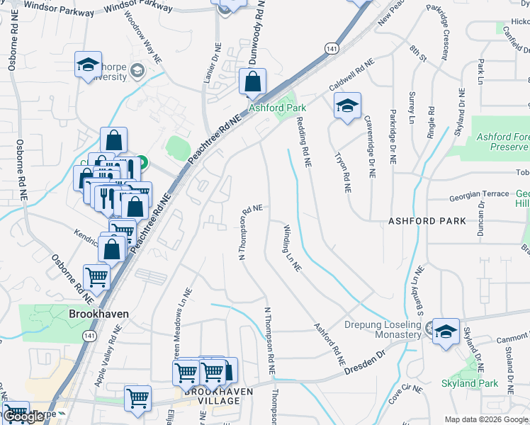 map of restaurants, bars, coffee shops, grocery stores, and more near 2824 Ashford Road Northeast in Atlanta