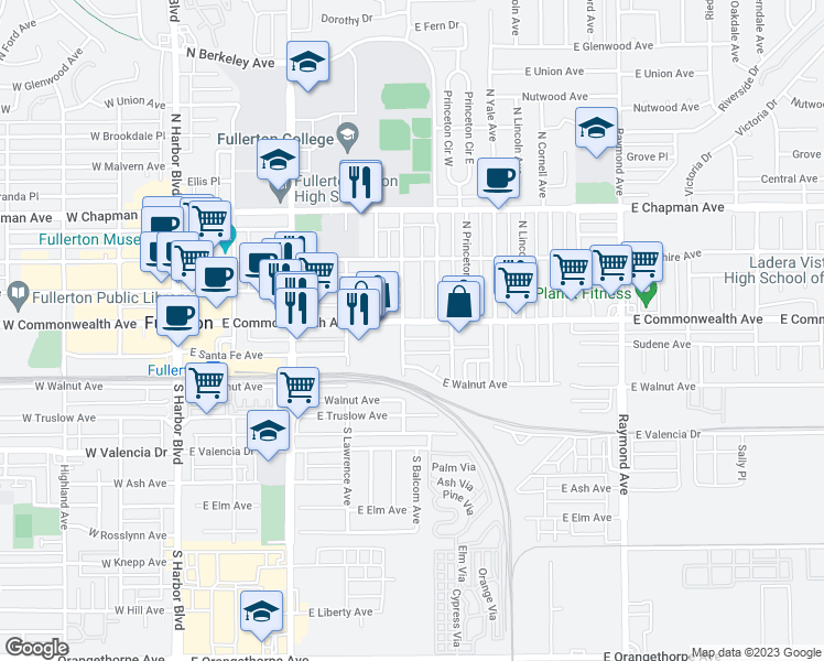 map of restaurants, bars, coffee shops, grocery stores, and more near 504 East Commonwealth Avenue in Fullerton