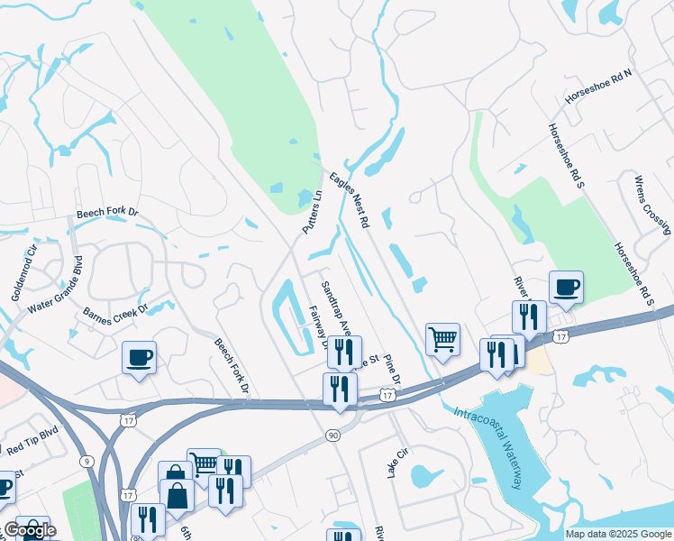 map of restaurants, bars, coffee shops, grocery stores, and more near 4048 Pine Drive in Little River