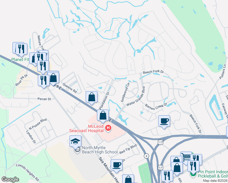 map of restaurants, bars, coffee shops, grocery stores, and more near 800 Egret Circle in Little River