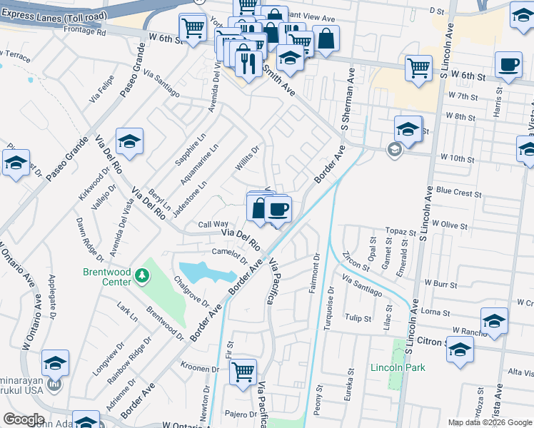 map of restaurants, bars, coffee shops, grocery stores, and more near 1382 Vía Santiago in Corona