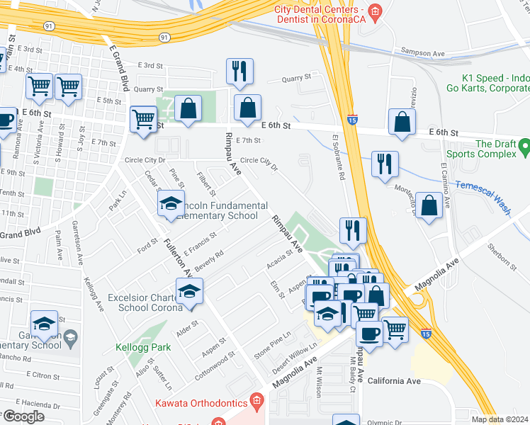 map of restaurants, bars, coffee shops, grocery stores, and more near 1004 Rimpau Avenue in Corona
