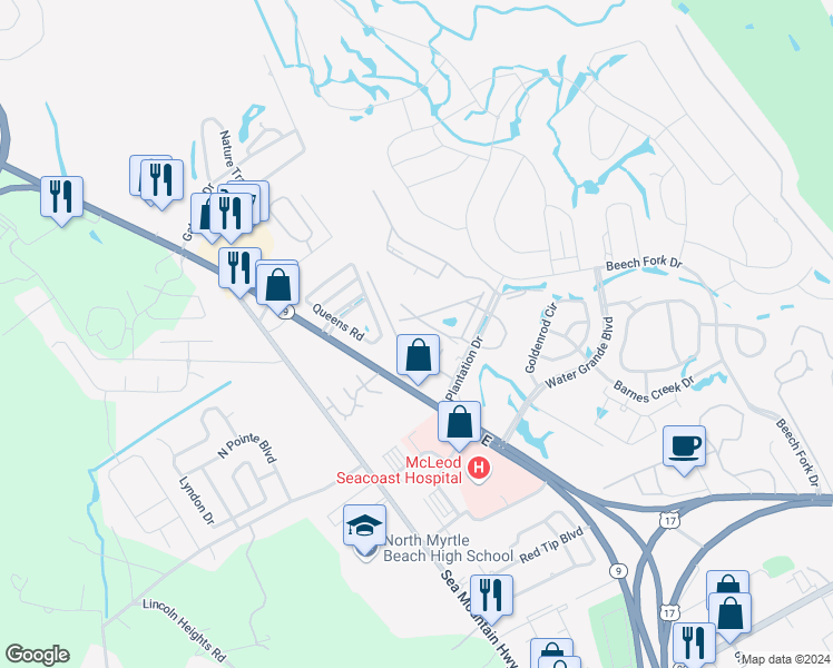 map of restaurants, bars, coffee shops, grocery stores, and more near 3700H Golf Colony Lane in Little River