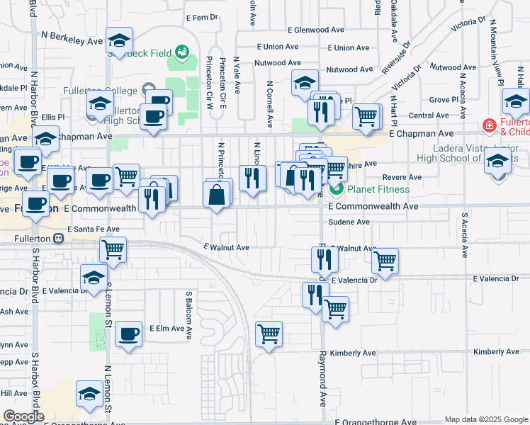 map of restaurants, bars, coffee shops, grocery stores, and more near 110 Linwood Place in Fullerton