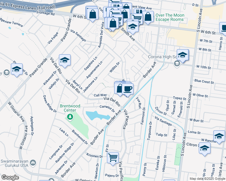 map of restaurants, bars, coffee shops, grocery stores, and more near 1213 Hampton Circle in Corona