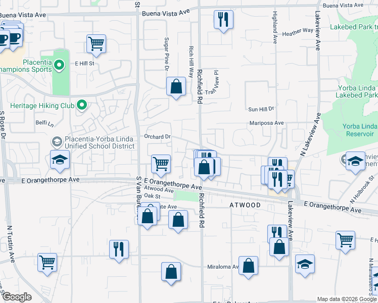 map of restaurants, bars, coffee shops, grocery stores, and more near 150 Eisenhower Way in Placentia
