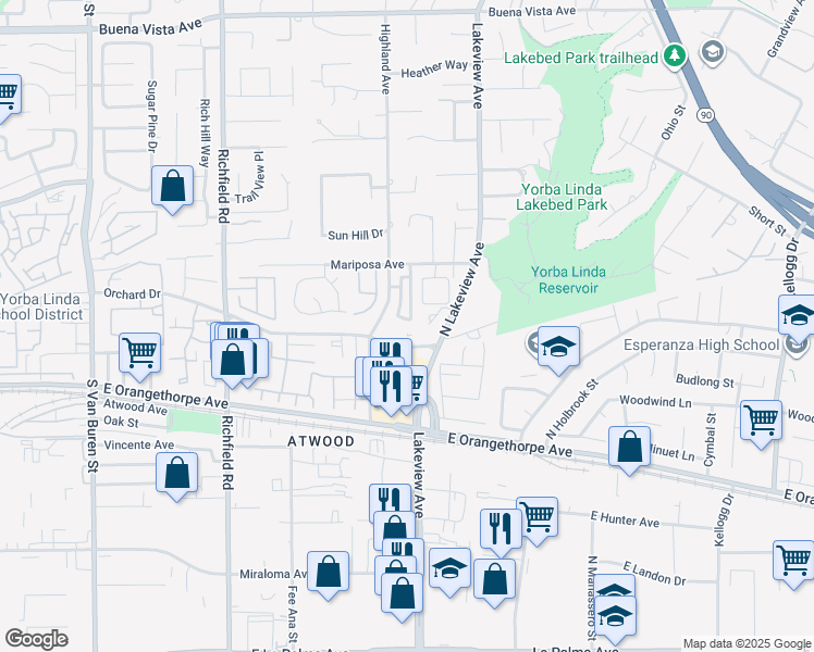 map of restaurants, bars, coffee shops, grocery stores, and more near 2024 Tanforan Avenue in Placentia