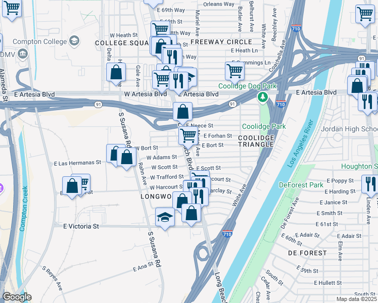 map of restaurants, bars, coffee shops, grocery stores, and more near 6350 Long Beach Blvd in Long Beach