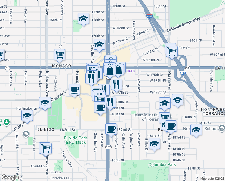 map of restaurants, bars, coffee shops, grocery stores, and more near 4331 West 177th Street in Torrance