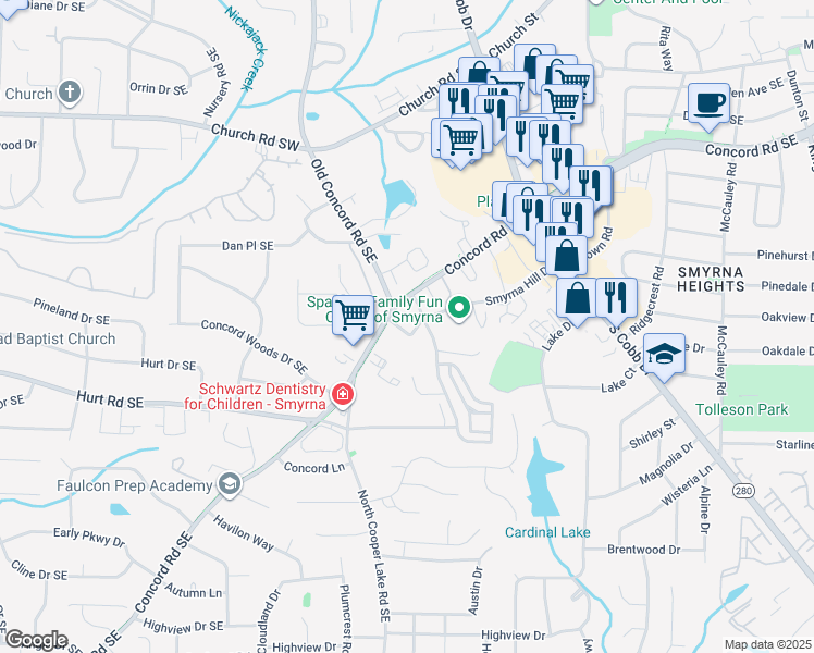 map of restaurants, bars, coffee shops, grocery stores, and more near 623 Dunton Circle Southeast in Smyrna