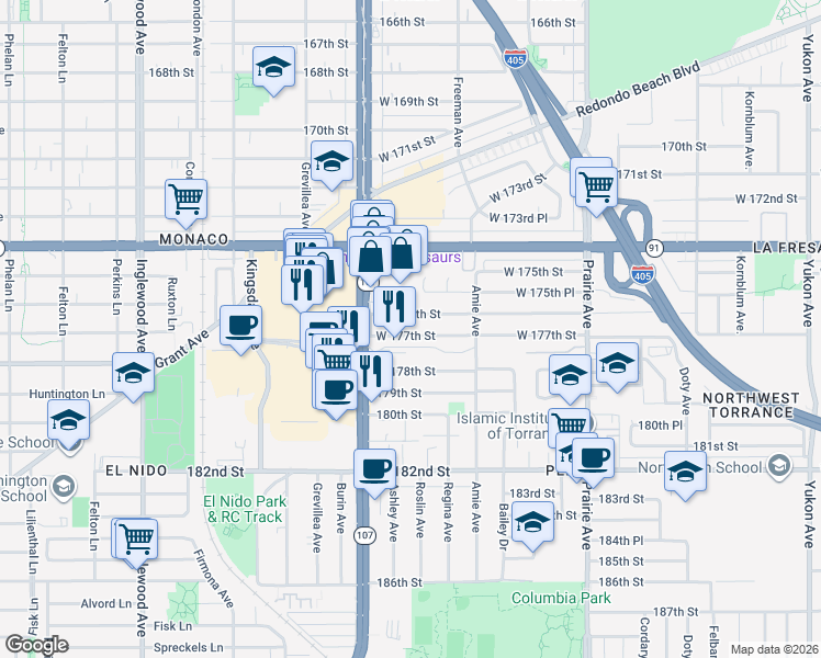 map of restaurants, bars, coffee shops, grocery stores, and more near 4315 West 177th Street in Torrance