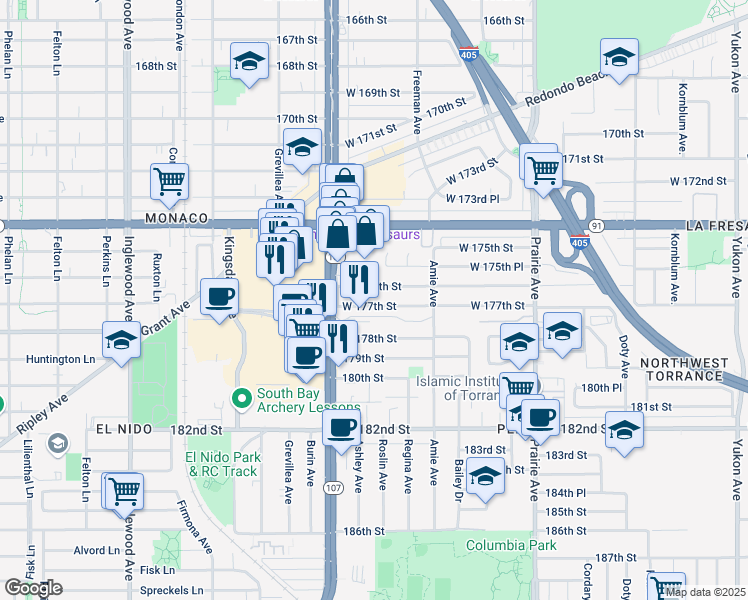 map of restaurants, bars, coffee shops, grocery stores, and more near 4239 West 177th Street in Torrance