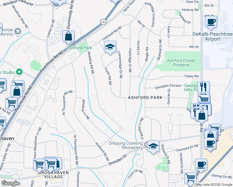 map of restaurants, bars, coffee shops, grocery stores, and more near 1652 Tryon Road Northeast in Atlanta