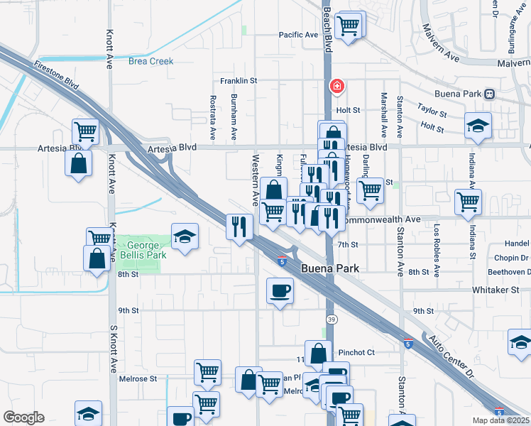 map of restaurants, bars, coffee shops, grocery stores, and more near 7501 Commonwealth Avenue in Buena Park