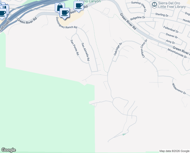map of restaurants, bars, coffee shops, grocery stores, and more near 4070 San Ramon Drive in Corona