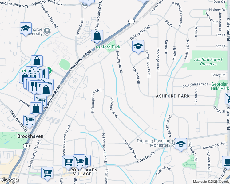 map of restaurants, bars, coffee shops, grocery stores, and more near 1559 Crossway Drive Northeast in Atlanta