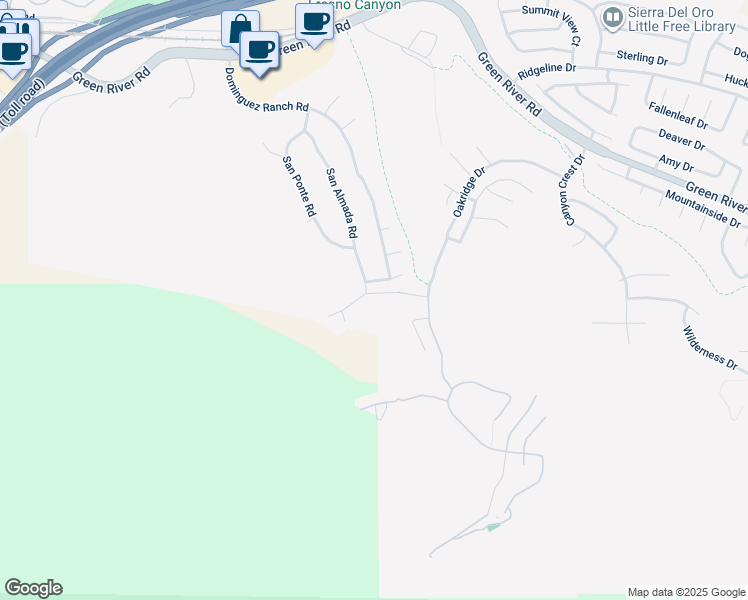 map of restaurants, bars, coffee shops, grocery stores, and more near 4150 San Ramon Drive in Corona