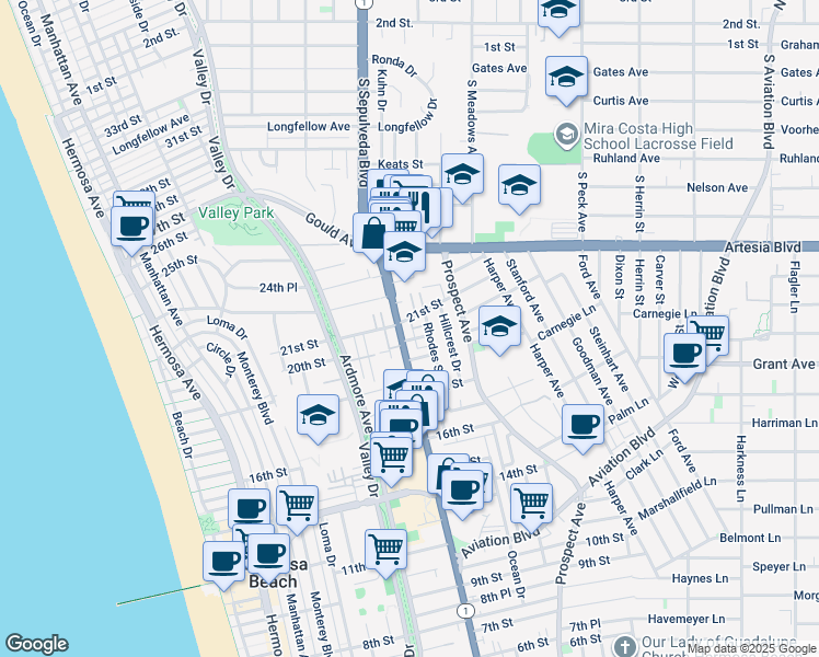 map of restaurants, bars, coffee shops, grocery stores, and more near 809 20th Street in Hermosa Beach