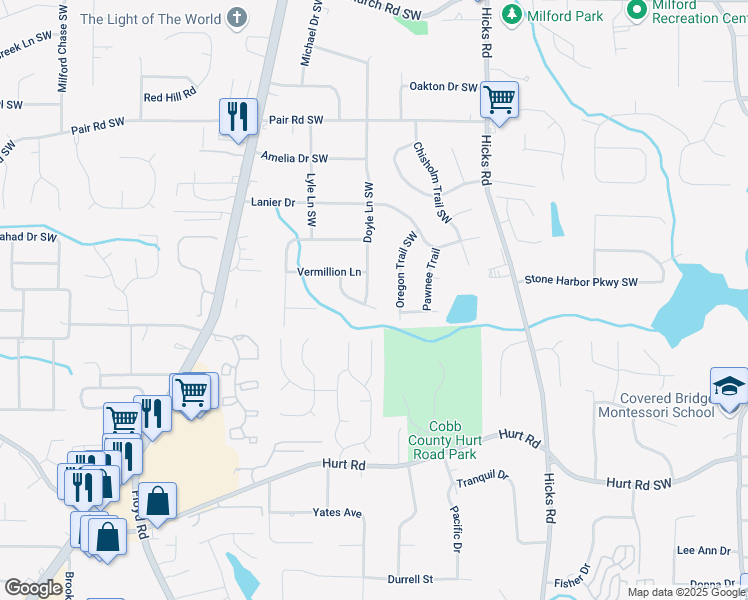 map of restaurants, bars, coffee shops, grocery stores, and more near 3401 Doyle Lane Southwest in Marietta
