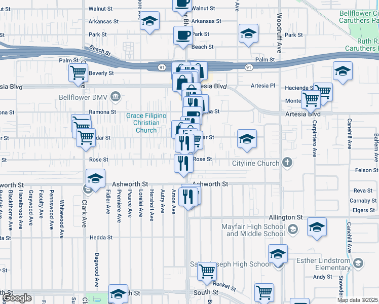 map of restaurants, bars, coffee shops, grocery stores, and more near 17832 Bellflower Boulevard in Bellflower