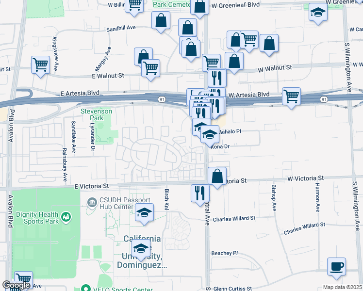 map of restaurants, bars, coffee shops, grocery stores, and more near 1263 Date Palm Drive in Carson