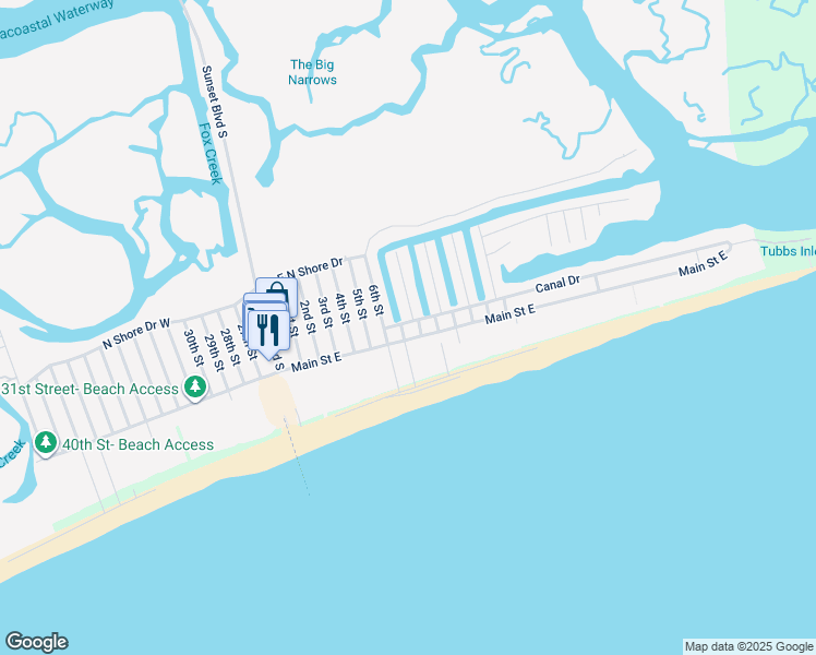 map of restaurants, bars, coffee shops, grocery stores, and more near 702 Canal Drive in Sunset Beach