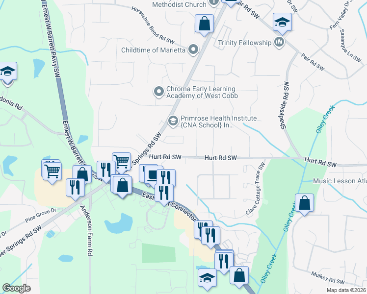 map of restaurants, bars, coffee shops, grocery stores, and more near 2545 Kolb Manor Circle Southwest in Marietta