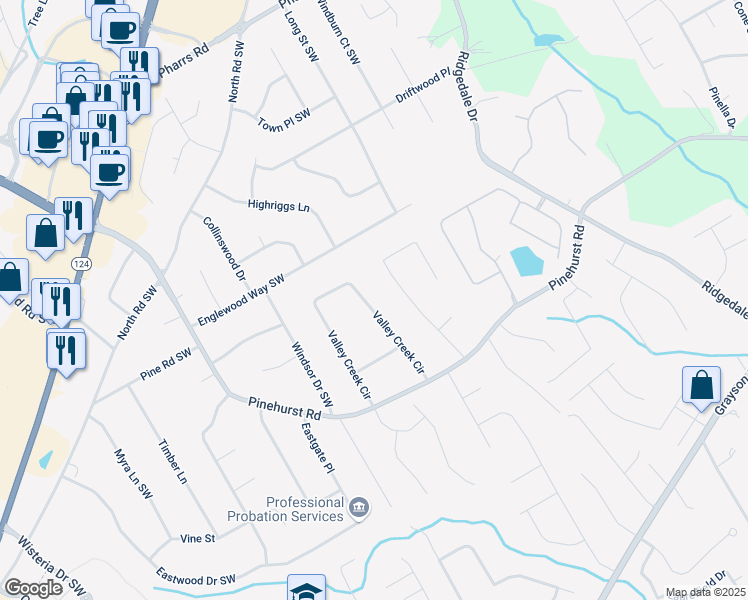 map of restaurants, bars, coffee shops, grocery stores, and more near 2204 Valley Creek Circle in Snellville