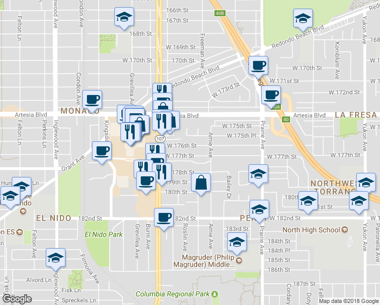 map of restaurants, bars, coffee shops, grocery stores, and more near 4239 West 177th Street in Torrance