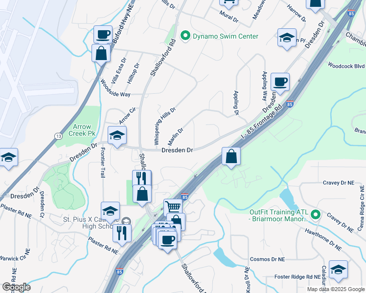 map of restaurants, bars, coffee shops, grocery stores, and more near 2592 Dresden Drive in Atlanta
