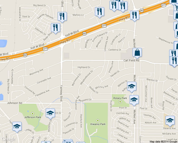map of restaurants, bars, coffee shops, grocery stores, and more near 4204 Meadowbrook Dr in Wichita Falls
