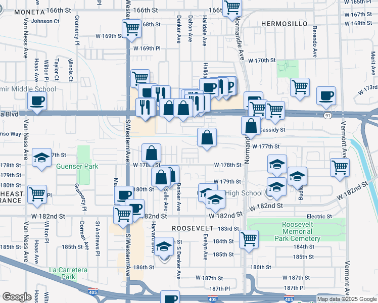 map of restaurants, bars, coffee shops, grocery stores, and more near 8126 Cooper Lane in Gardena