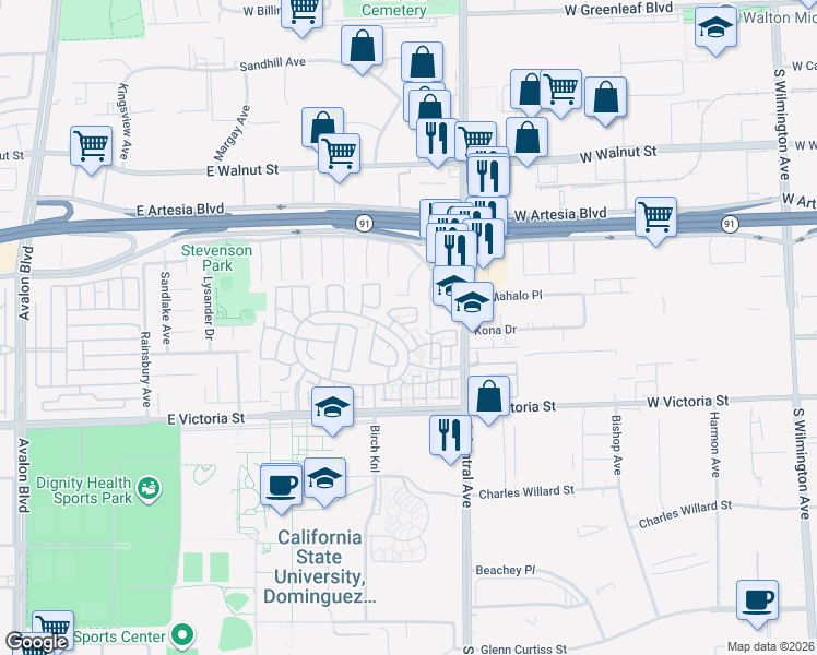 map of restaurants, bars, coffee shops, grocery stores, and more near 1263 Date Palm Drive in Carson