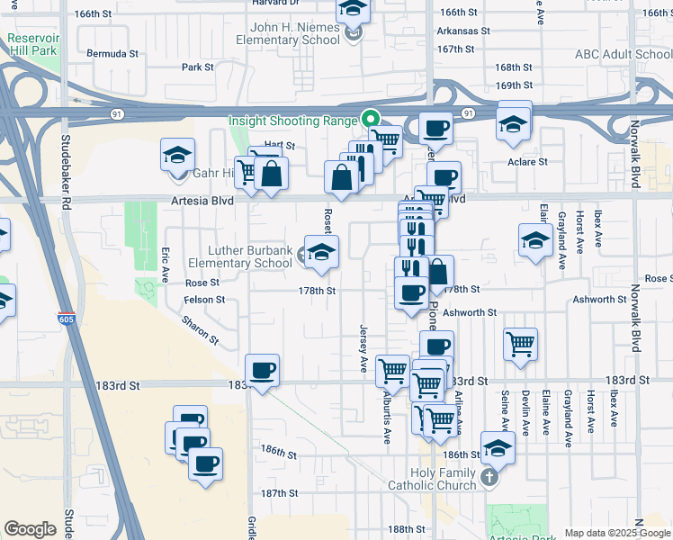 map of restaurants, bars, coffee shops, grocery stores, and more near 17713 Roseton Avenue in Artesia
