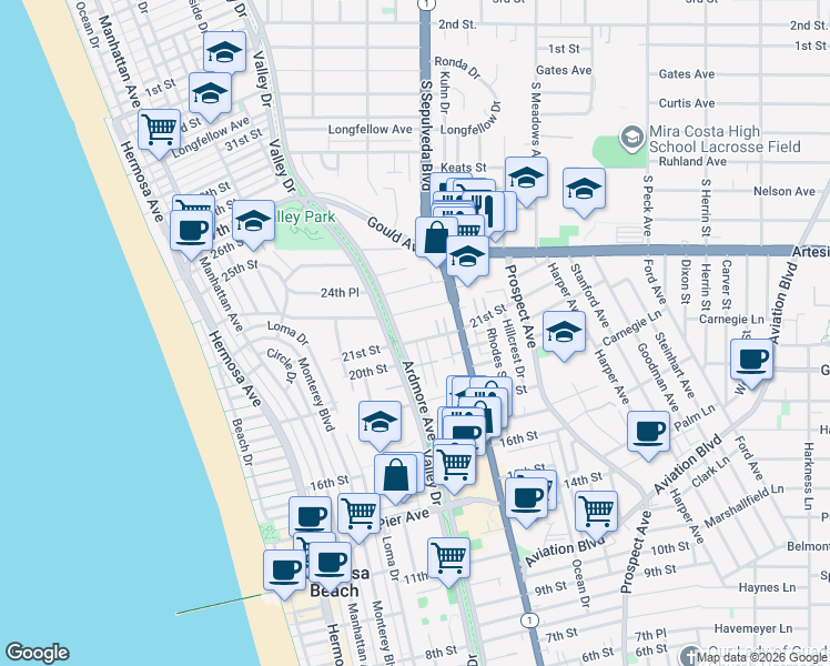 map of restaurants, bars, coffee shops, grocery stores, and more near 633 21st Street in Hermosa Beach