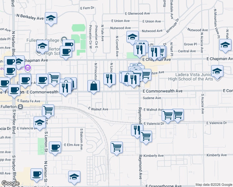 map of restaurants, bars, coffee shops, grocery stores, and more near 912 East Commonwealth Avenue in Fullerton