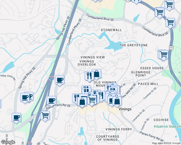map of restaurants, bars, coffee shops, grocery stores, and more near 2808 Mount Wilkinson Parkway Southeast in Atlanta