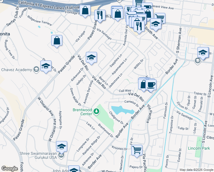 map of restaurants, bars, coffee shops, grocery stores, and more near 1622 Beryl Lane in Corona