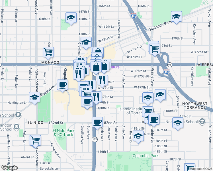 map of restaurants, bars, coffee shops, grocery stores, and more near 4315 West 177th Street in Torrance