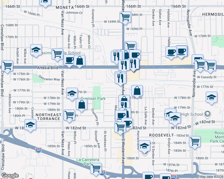 map of restaurants, bars, coffee shops, grocery stores, and more near 17705 South Western Avenue in Gardena