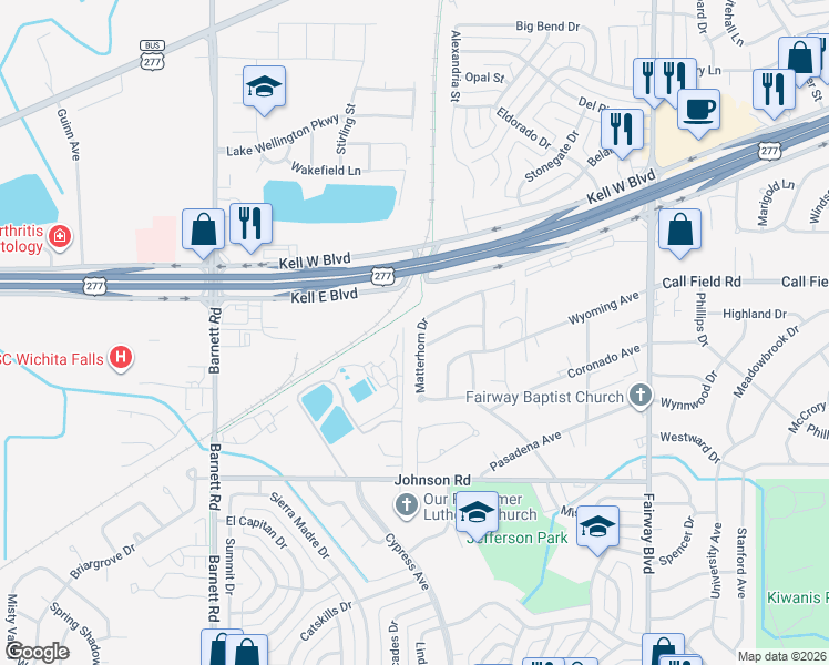 map of restaurants, bars, coffee shops, grocery stores, and more near 4820 Mount Everest Drive in Wichita Falls
