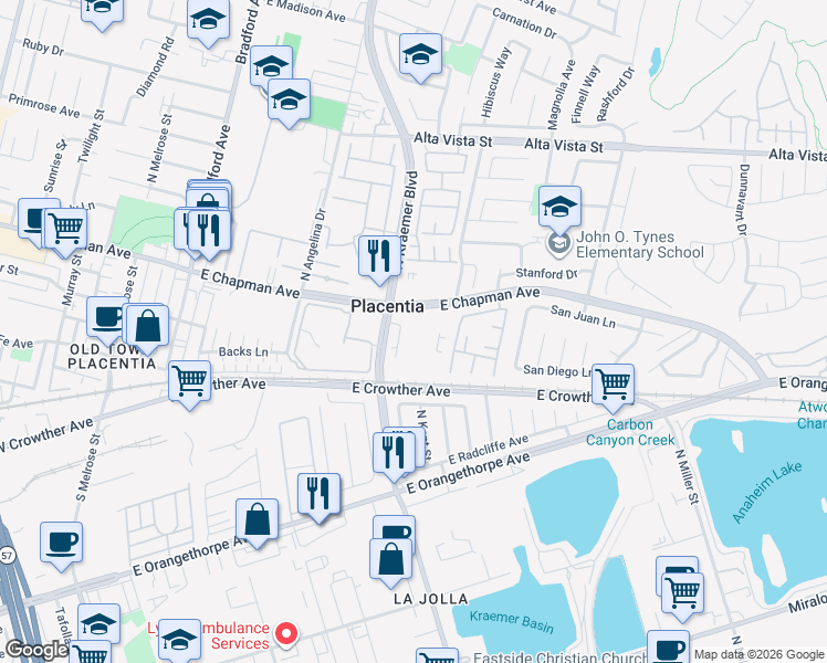 map of restaurants, bars, coffee shops, grocery stores, and more near 212 South Kraemer Boulevard in Placentia