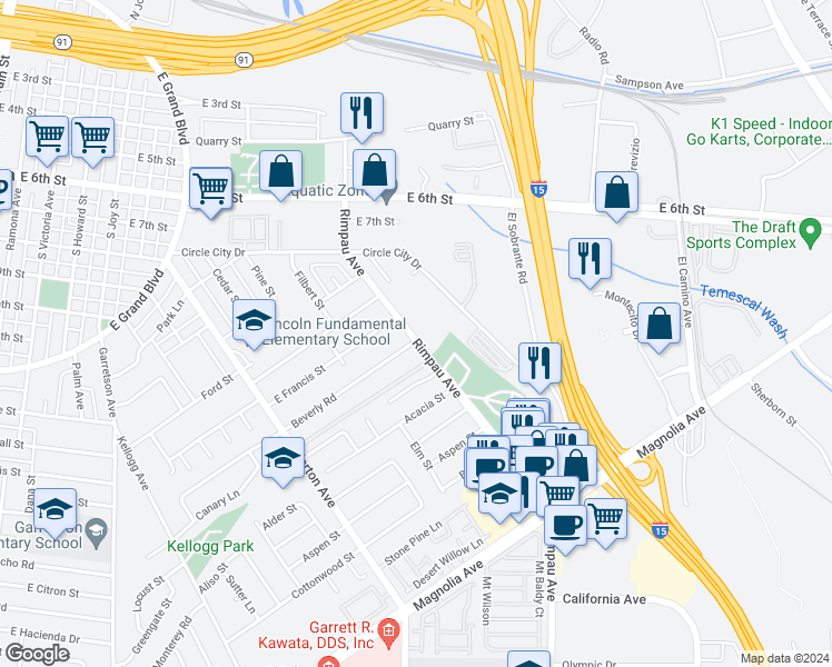 map of restaurants, bars, coffee shops, grocery stores, and more near 1004 Rimpau Avenue in Corona
