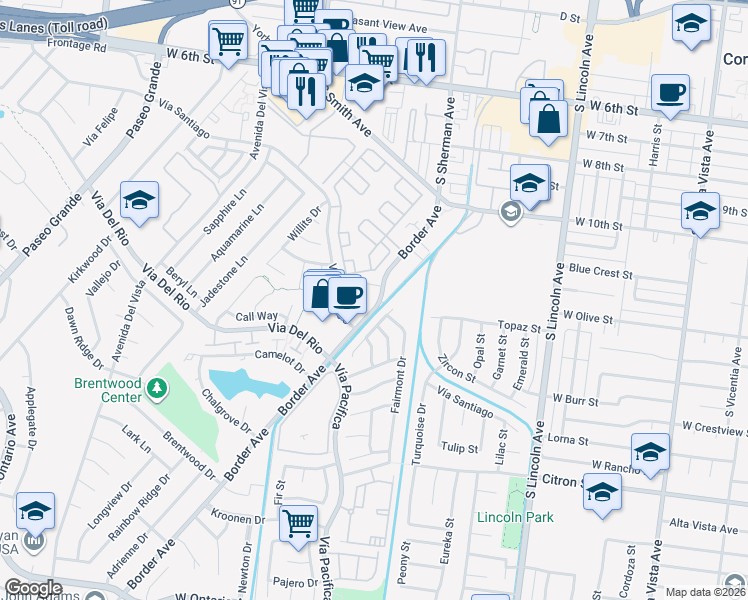 map of restaurants, bars, coffee shops, grocery stores, and more near 1186 Border Avenue in Corona