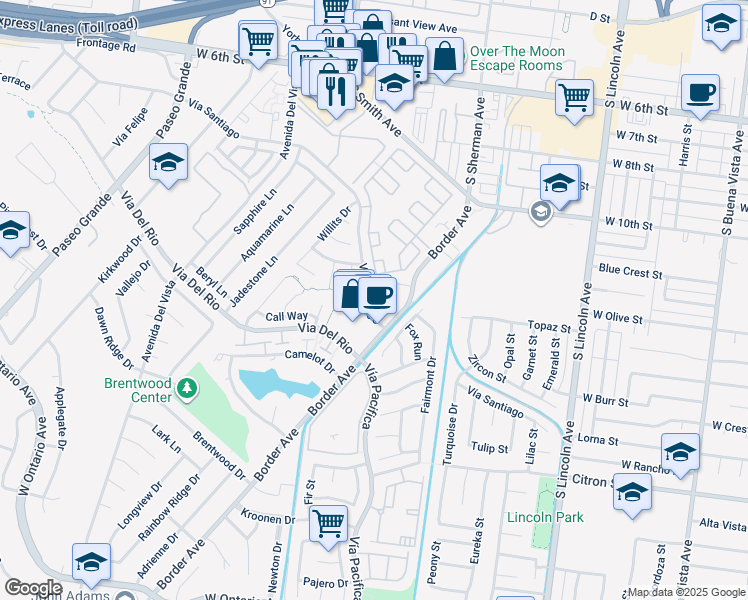 map of restaurants, bars, coffee shops, grocery stores, and more near 1382 Vía Santiago in Corona
