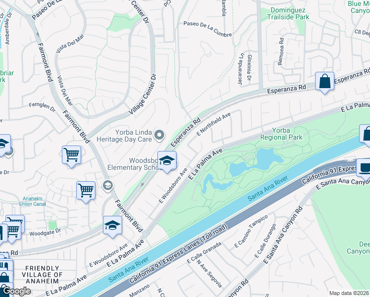 map of restaurants, bars, coffee shops, grocery stores, and more near 1270 North Emogene Street in Anaheim