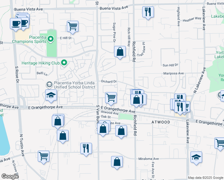 map of restaurants, bars, coffee shops, grocery stores, and more near 1630 Orchard Drive in Placentia