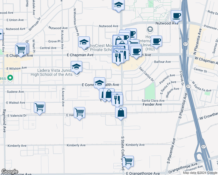 map of restaurants, bars, coffee shops, grocery stores, and more near 2300 East Commonwealth Avenue in Fullerton