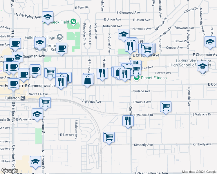 map of restaurants, bars, coffee shops, grocery stores, and more near 110 Linwood Place in Fullerton